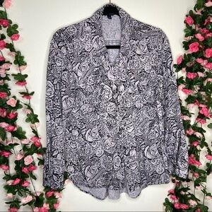 Rock & Republic Tan Black Rose Floral Pattern Button Up Shirt Womens Large